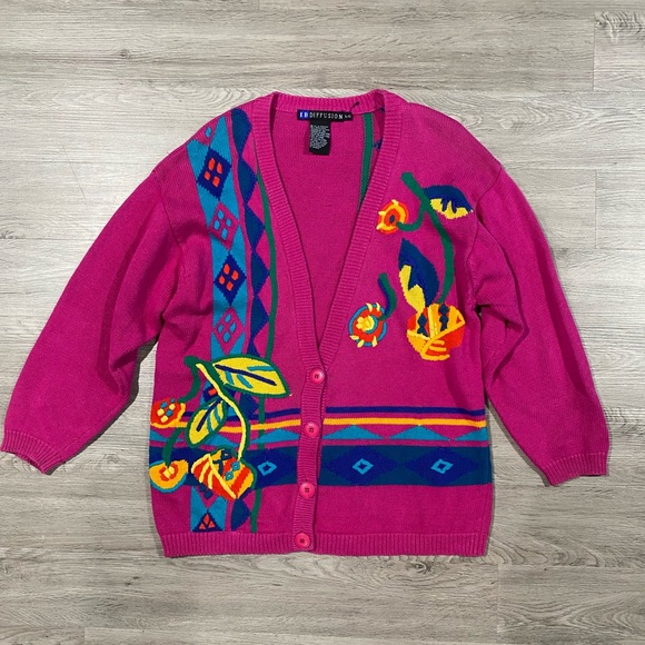 Vintage IB Diffusion Bright Bold Colorful Cardigan Large Sweater - Picture 2 of 5